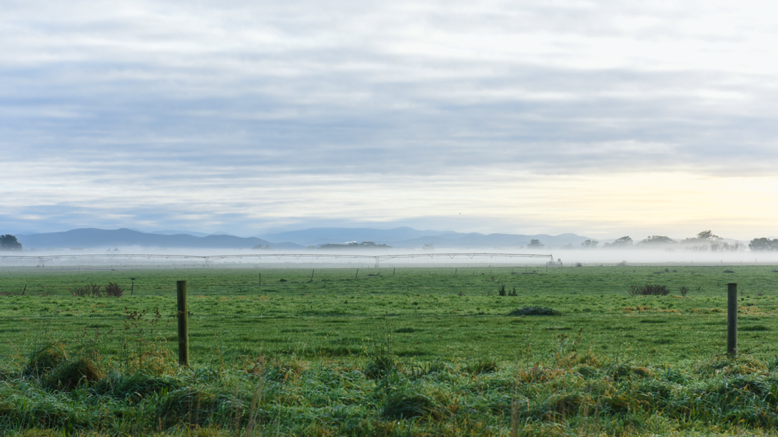 landscape of green farmland and misty blue sky