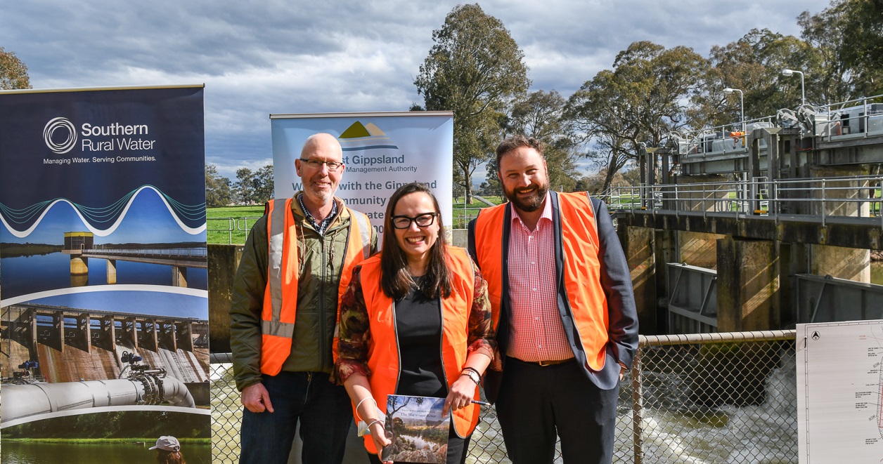 LtR: West Gippsland Water Catchment Authority CEO, Martin Fuller, Minister for Water, the Hon Harriet Shing MP and Southern Rural Water Managing Director, Cameron FitzGerald.