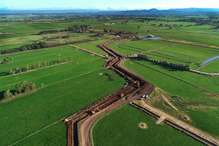 Drone shot of construction on farmland