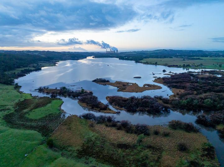 Drone shot of a lake surrounded by green