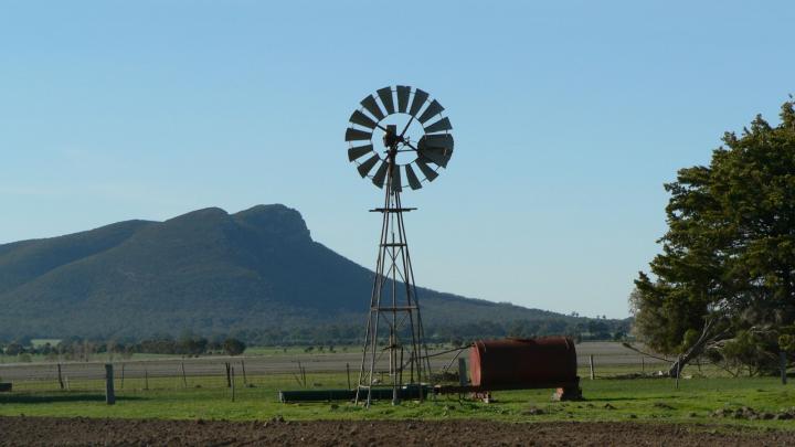 A windmill surrounded by farmland with a small mountain in the background. 
