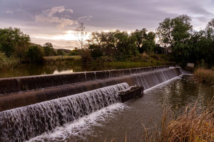 River surrounded by trees flowing down a diversion weir